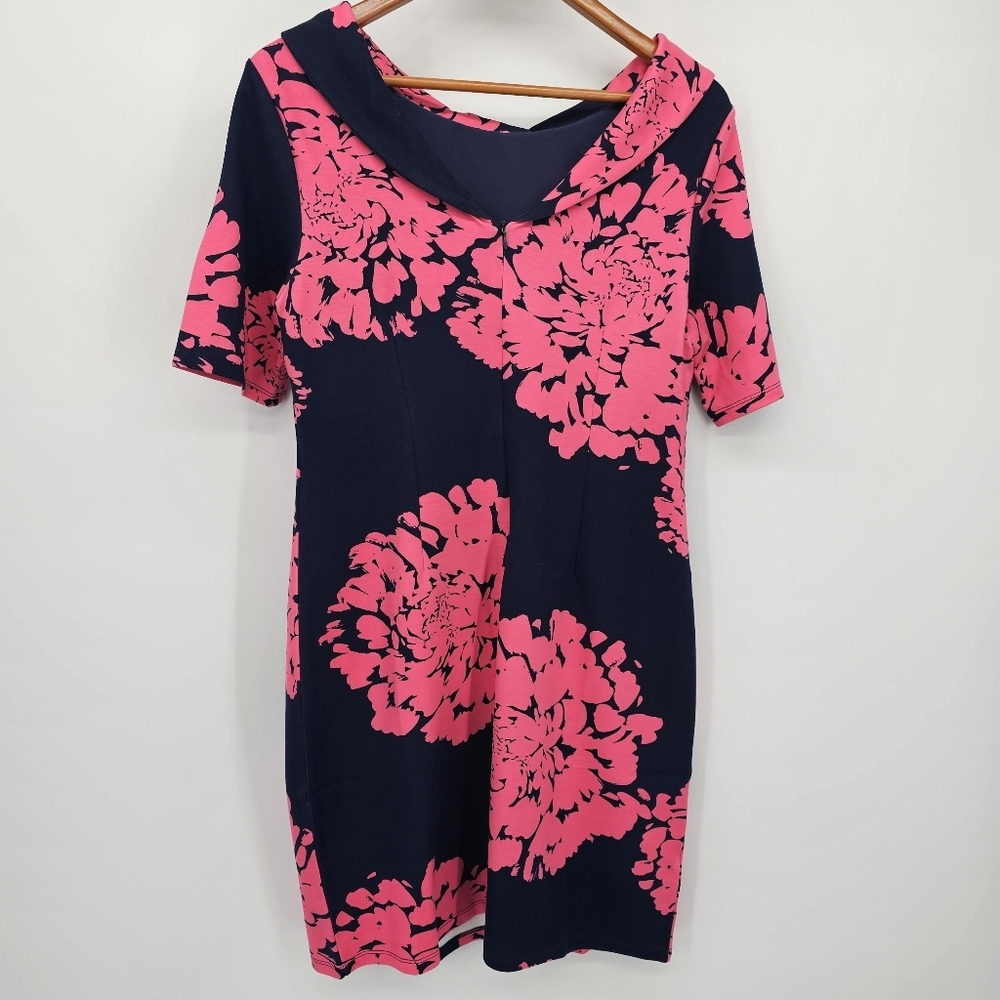Trina Turk Navy & Pink Floral Ponte Knit Dress Mod Womens Size 8 - Picture 3 of 6